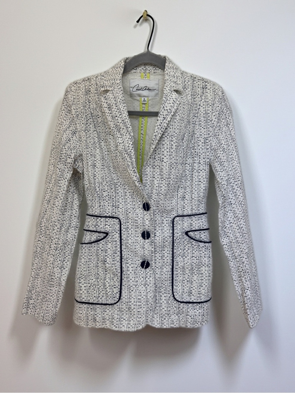 CAbi Andrea Blazer Jacket 6 Blue White Textured Tweed Knit Tailored Work EUC